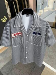 Claim Dot 男士条纹印花面料，宽松箱型廓形，字母印花全开襟衬衫 - 黑色 - 查看 1