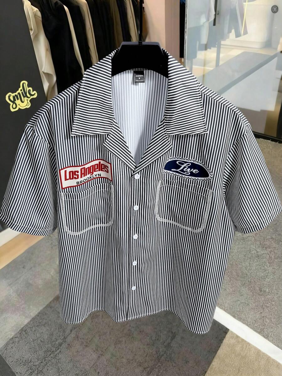 Claim Dot 男士条纹印花面料，宽松箱型廓形，字母印花全开襟衬衫 - 黑色 - 查看 1