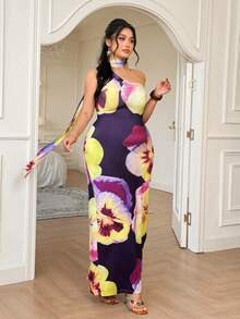 Celure Vestido con estampado sin espalda de talla grande - Morado - Ver 6