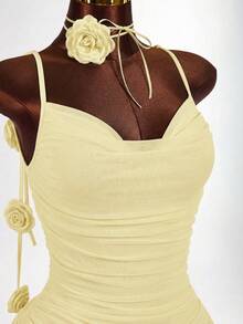 Amplova Women's Mid-Length Dress,Pale Yellow,Summer,Seductive,Photo Shoot,Draped Collar,Drawstring,Ruffle Trim Hem,Spaghetti Strap,Backless,Floral Decor, - Light Yellow - View 11