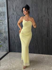 Vassilux Women's Sexy And Elegant Chiffon Cowl Draped Neck Open Back Beaded Chain Decor Bodycon Long Maxi Dress, Yellow Butter Maxi Dress,Women Dating Dress,Women Night Out Dress, Summer Dresses For Women, Honeymoon Outfits Woman .Women Wedding Guest Dress. Island Vacation Outfits,Birthday Dresses For Women,Club Outfits Women Sexy Party - Light Yellow - View 6
