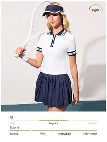 Gameset SHEIN Sport 女士撞色露肩短袖半拉链网球衫，夏季 - 彩色 - 查看 4