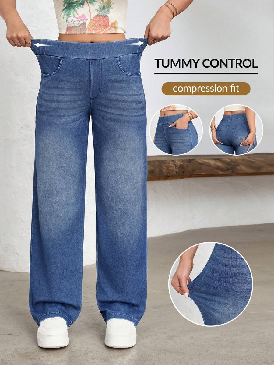 SHEIN FlexDen Quần jean ống rộng cạp chun co giãn dành cho nữ, kiểu dáng thể thao năng động. - Rửa tối - Xem 1