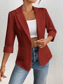 SHEIN LUNE Casual Business Casual Solid Color Blazer For Work Daily Wear, Spring/Summer Red - Redwood - View 5