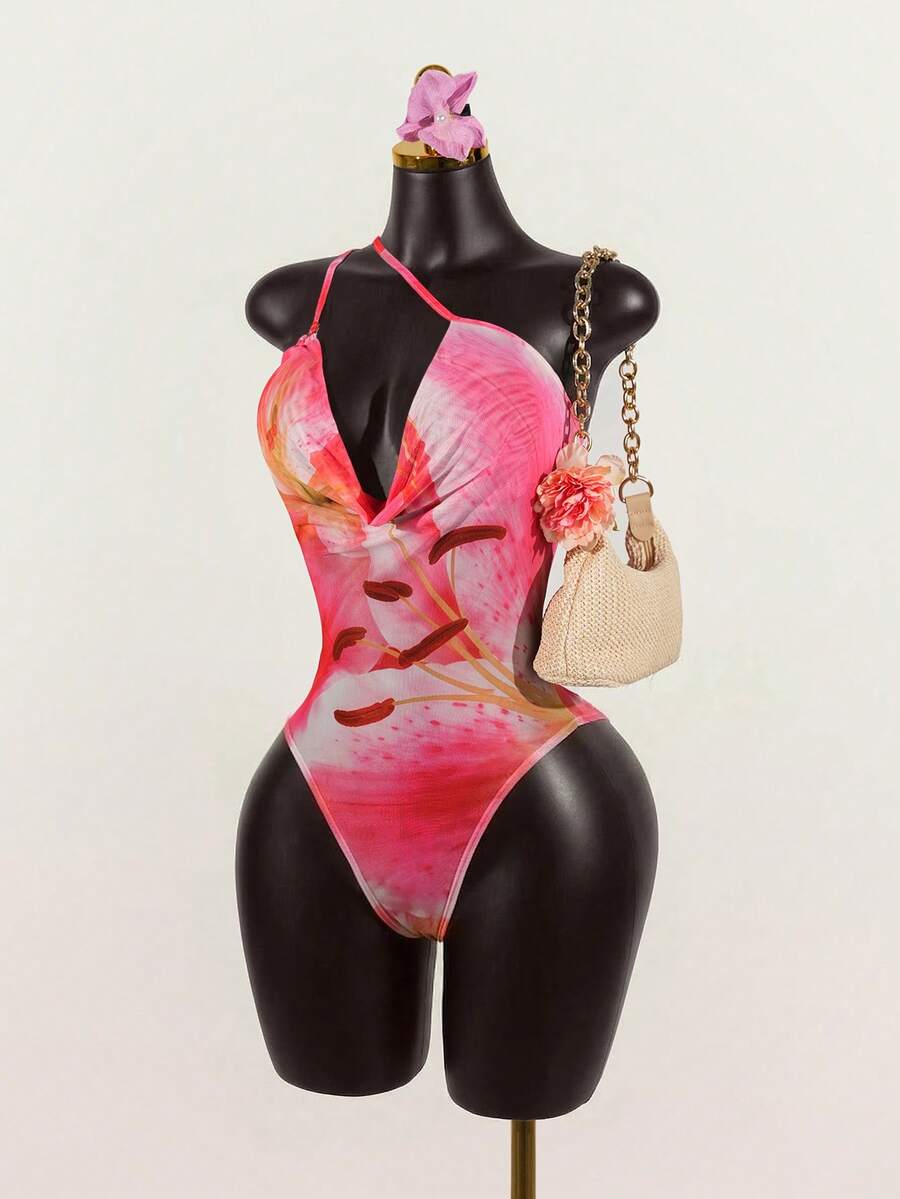 Celisse Women's Fashion Elegant Casual Vacation Style Lily Flower Print Mesh Pleated Draped Neck Sleeveless Adjustable Strap Bodysuit - Red - View 1