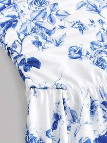 Serisse Kids Đầm trễ vai xếp ly in hoa cho bé gái tuổi teen - Xanh và trắng - Xem 9