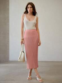MOTF PREMIUM SPRING SUMMER SOLID RIBBED KNIT SKIRT - Dusty Pink - View 6