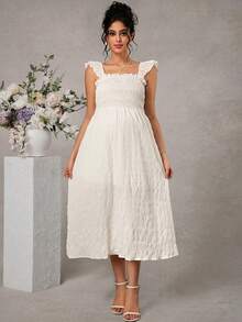Momance White Elegant Maternity Summer Dress For Photoshoot,Pregnant Women Solid Color Shirred Ruffle Hem Casual Holiday Pregnancy Picnic Dress,Classic - White - View 4
