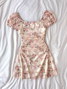SHEIN Floral Print Ruffle Casual Everyday Party Dress For Teen Girls,Kids - Apricot - View 2