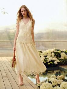 MOTF PREMIUM 女士优雅浪漫蕾丝刺绣拼接中长款亚麻混纺连衣裙，春夏款 - 杏色 - 查看 5