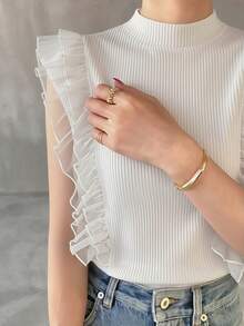 FRIFUL 女士高领罗纹背心，网纱荷叶边装饰，无袖叠层T恤，夏季款 - 白色 - 查看 4