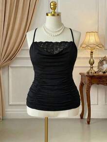 Rometta Plus Size Lace Patchwork V-neck Camisole Top - Black - View 13