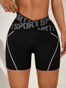 Slayform Women's Sports Shorts,Crossed Elastic Waistband,Color Blocking Fashionable Athletic Shorts For Running,Yoga,Gym,Tennis,Cycling Biker Shorts,Y2k - Black - View 4