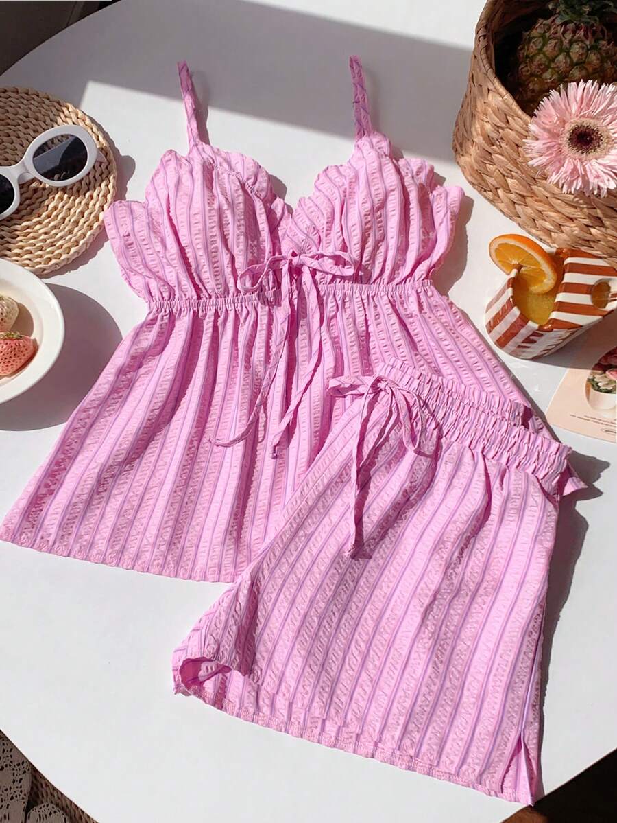 Comfortcana 女士休闲条纹吊带背心和短裤两件套 - 粉色 - 查看 1