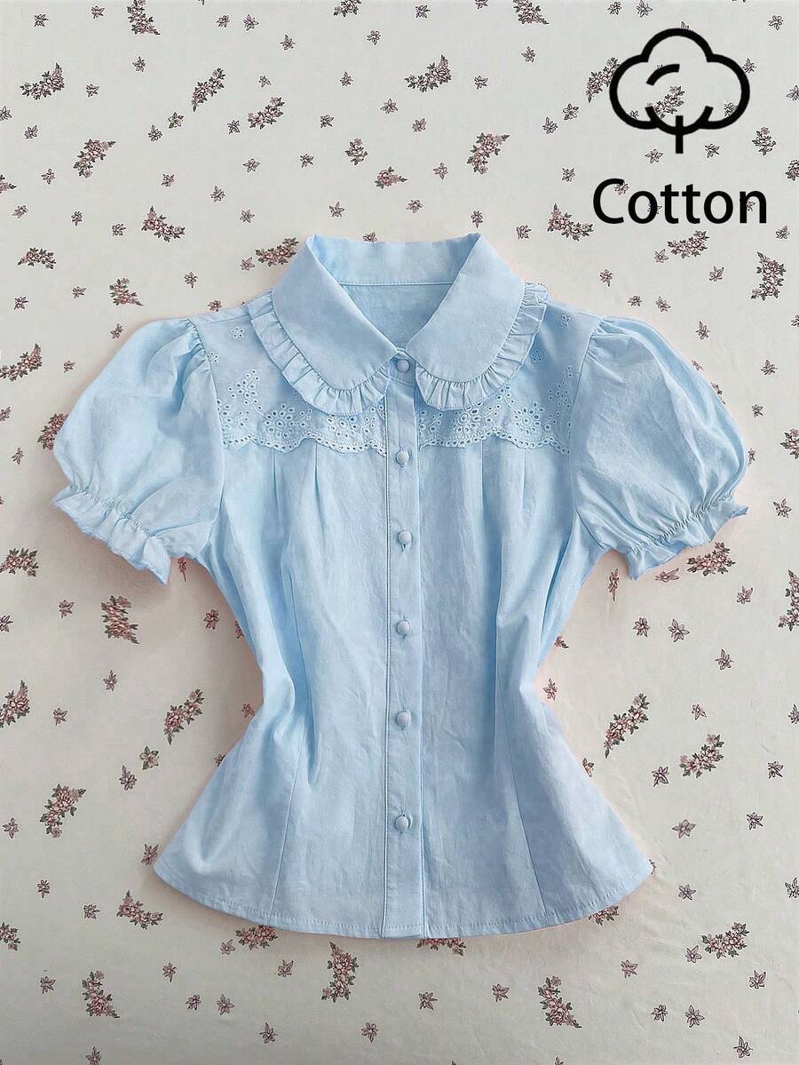 Flirla Women's Pink Peter Pan Collar Petal Sleeve Embroidered Floral Lace Patchwork Decorative Regular Blouse - Blue - View 1