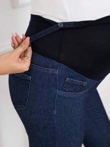 SHEIN Maternity Casual Patchwork Stretchy Knit Skinny Fit Jeans - Dark Wash - View 7