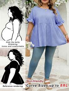 SHEIN CURVE+ 加大码女式格纹印花衬衫，适合春夏波西米亚风度假穿着，休闲娃娃风衬衫 - 藍色 - 查看 1