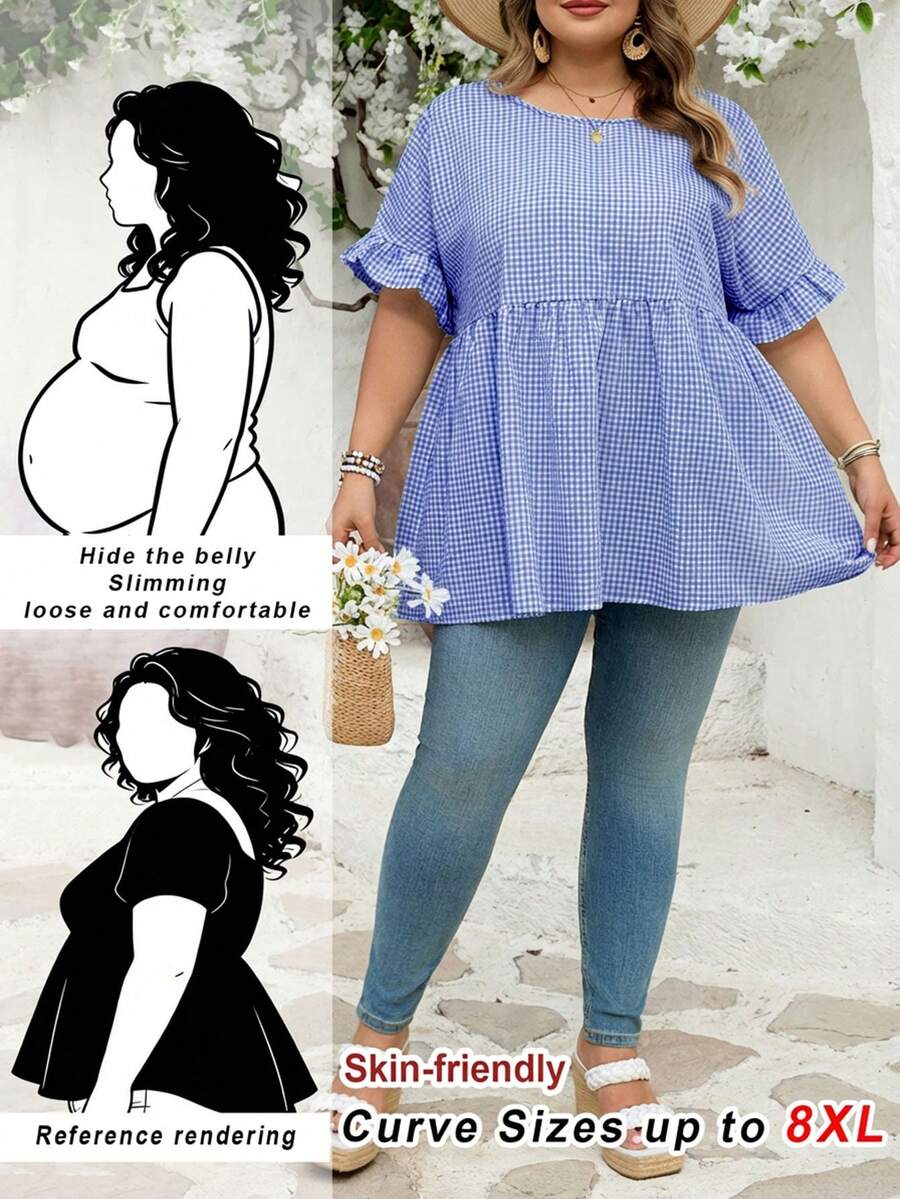 SHEIN CURVE+ 加大码女式格纹印花衬衫,适合春夏波西米亚风度假穿着,休闲娃娃风衬衫 - 藍色 - 查看 1