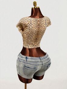 Mistrie Women's Leopard Print Letter Graphic Casual Versatile Daily Wear Short Sleeve T-Shirt - Multicolor - View 2