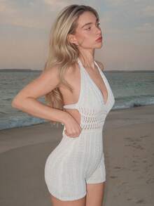 Turnttoni 女式渐变针织深 V 露背连体衣，性感时尚合身，适合派对、约会、下午茶、波西米亚风度假、海滩 - 白色 - 查看 4