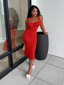 Alexandranx Tie Shoulder Ruched Bust Mermaid Hem Cami Dress - Red - View 6