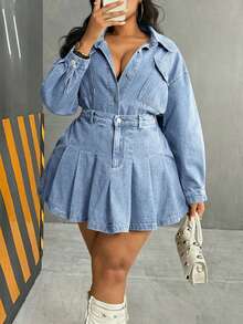 Slaydiva Plus Size Women's Fashion Pleated Denim Mini Skirt - Light Wash - View 4