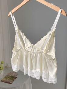 Comfortcana 女士优雅纯色蕾丝拼接吊带背心，夏季必备 - 米色 - 查看 2