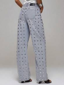 MUSERA Quần jeans ống đứng dáng rộng, cạp trung, đính gương, thích hợp cho mùa thu đông, đi chơi đêm, thanh lịch, gợi cảm, dự tiệc, cao cấp, màu hợp kim đen, mùa xuân hè. - Màu xanh nhạt - Xem 2