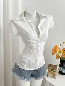 Elamini 女士V领复古蘑菇纽扣提花休闲度假束腰衬衫 女士上衣和衬衫 女士休闲衬衫 夏季女士上衣 夏季女士衬衫 夏季工作衬衫 - 白色 - 查看 5