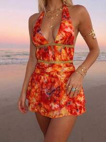 Sundraya Women's Tie-Dye Print Deep V-Neck Sexy Halter Mini Dress, Vacation - Yellow - View 1