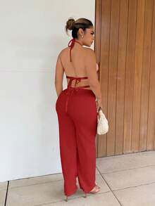 Maria Perezxox Setelan Wanita 2 Potong Gaya Prancis: Atasan Halter Longgar Warna Polos dengan Pinggang Terikat dan Celana Panjang Lebar yang Santai - Merah - View 2