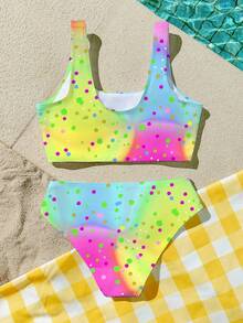 Tween Girls Casual Minimalist Camisole & Triangle Bikini Swimsuit Set, Suitable For Summer - Multicolor - View 4