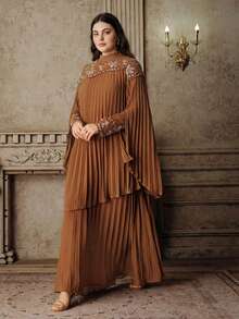 Anewsta Women's New Pleated Elegant Flared Embroidered Khaki Dress, Plus Size - Khaki - View 3