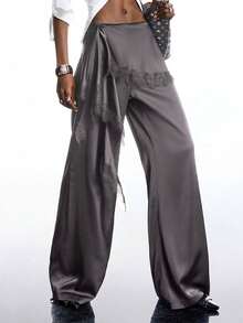 LYSMO 2026新款极简春夏女式灰色蕾丝拼接荷叶边休闲百搭通勤阔腿裤，饰有蕾丝花边 - 深灰色 - 查看 7