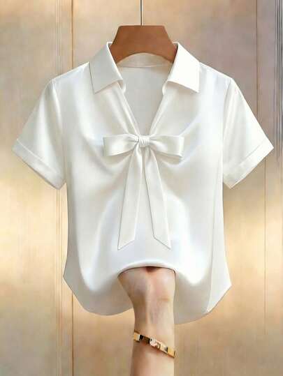 Franclia Women's Solid White Shirt Collar Tie-Front Bow Blouse, Short Sleeve, Fitted, Suitable For Commute, Casual, Satin Blouse, Summer