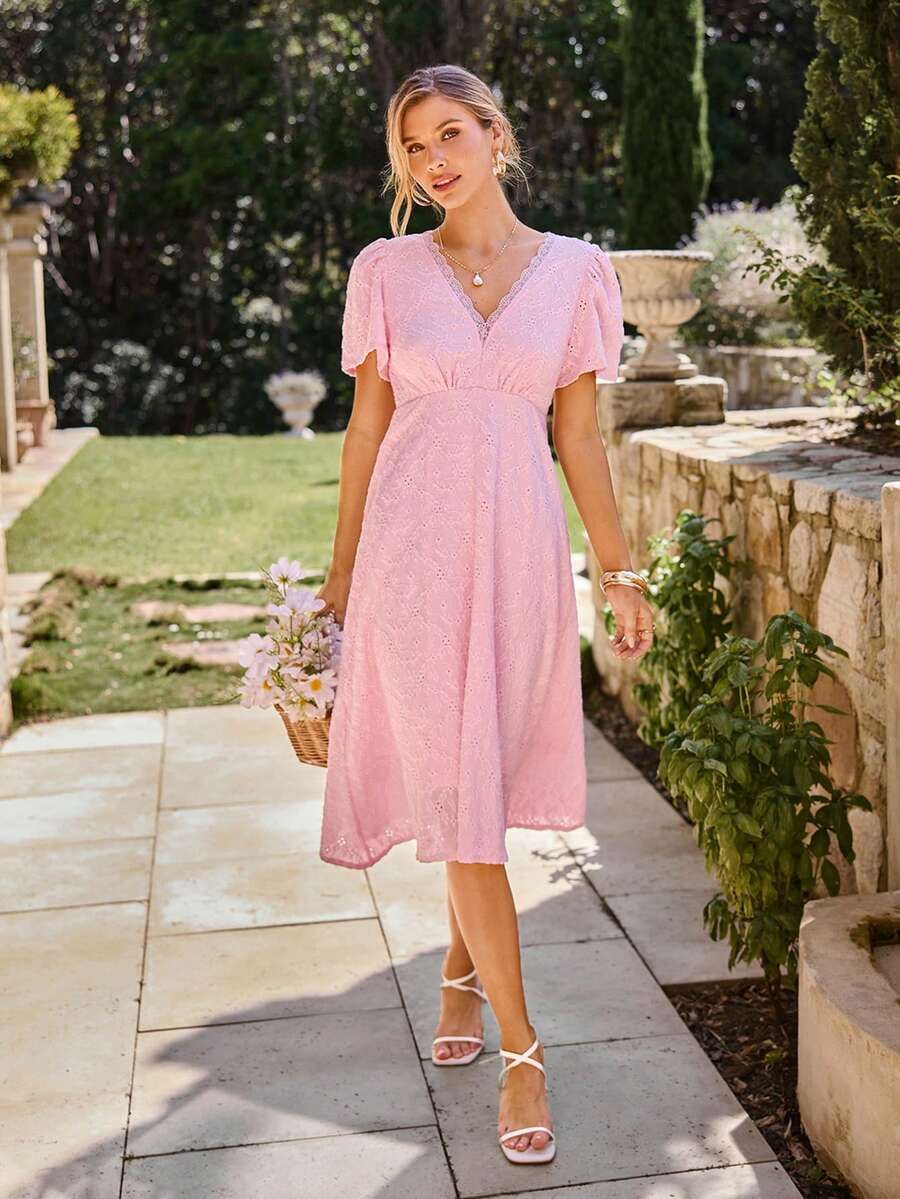 KARISMINA 女士纯色V领短袖中长针织连衣裙，春夏款 - 淺粉色 - 查看 1