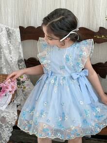 LMoss Kids Đầm voan hoa xếp tầng cho bé gái - Màu xanh nhạt - Xem 7