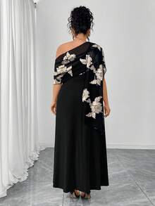 Elenzga Plus Size Women Elegant Fashion, Mesh Jacquard Fabric, Patchwork, Cape Knit Dress - Black - View 2