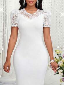 SHEIN Lady Đầm dự tiệc ôm dáng, thanh lịch, phối ren, tay phồng, xuyên thấu dành cho nữ, thích hợp cho mùa hè. - trắng - Xem 4