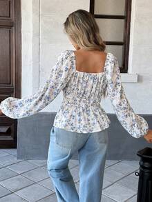 Pariaura Sweetheart Collar Lantern Sleeve Cinched Waist Shirred Tie-Up Ruffle Hem Elegant Blouse - Blue - View 2