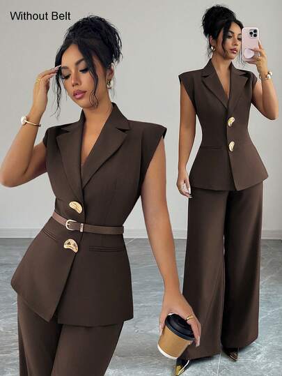 Elenzga Women's Solid Color Blazer With Metal Buckle Decor Faux Pocket & Sleeveless + High Waist Loose Straight Leg Pants Set, Elegant Vintage French Style For Office, Commute, Business, Casual, Date, Spring/Summer Women Work Outfits Set Women Suit Set Business Women's Work Clothes For The Office Women 2 Pieces Sets