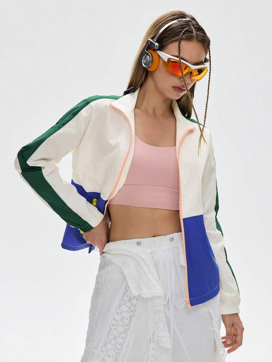 SHEIN 时尚连帽防风夹克,休闲外套拉链夹克女士服装女式运动套装拉链夹克伍迪女式夹克 - 彩色 - 查看 1