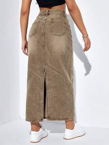 SHEIN EZwear 女士纯色简约休闲牛仔迷你裙 - 卡其色 - 查看 2