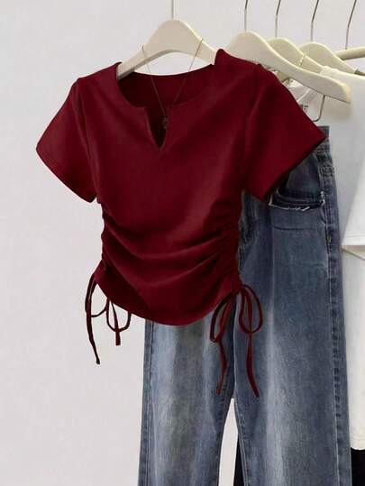 SHEIN Kaos Wanita Kasual Warna Polos dengan Tali Serut Samping, Musim Panas