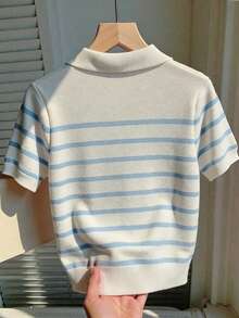 CovetEZ Áo thun nữ dệt kim kiểu dáng sinh viên, thương hiệu độc đáo, dòng sản phẩm gấu bông đang gây sốt, cổ áo polo tay ngắn cực dễ thương, phù hợp cho mùa xuân và mùa hè. - Xanh và trắng - Xem 2