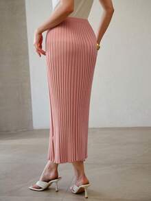 MOTF PREMIUM SPRING SUMMER SOLID RIBBED KNIT SKIRT - Dusty Pink - View 4