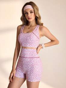 SHEIN Unity 女士碎花露脐背心和高腰短裤两件套 - 彩色 - 查看 6