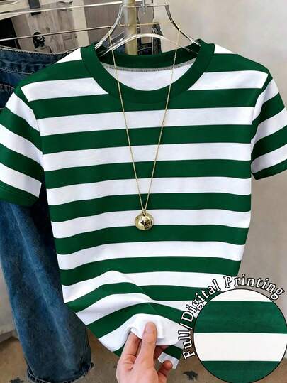 Resyla Camiseta de mujer de cuello redondo de manga corta con bloques de color y rayas