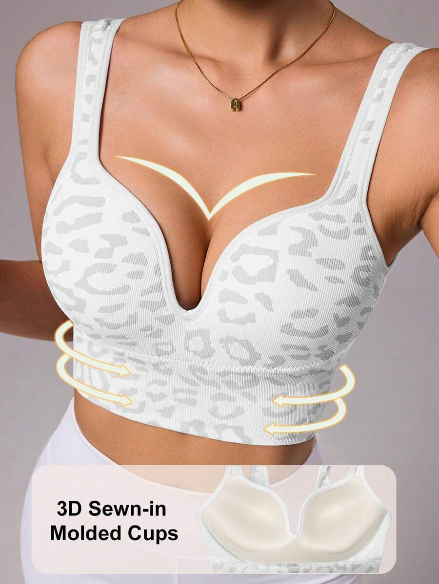 SHEIN Sovereign Charm 无缝豹纹运动文胸吊带背心 女士上衣 带衬垫文胸 运动上衣 内置文胸 豹纹文胸 运动文胸 带衬垫文胸上衣 - 彩色 - 查看 1