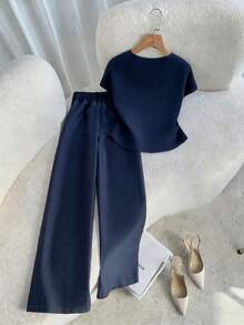 GlowEve CURVE Conjunto de 2 piezas elegante de verano tejido de gran tamaño para ir al trabajo - Azul Marino - Ver 2